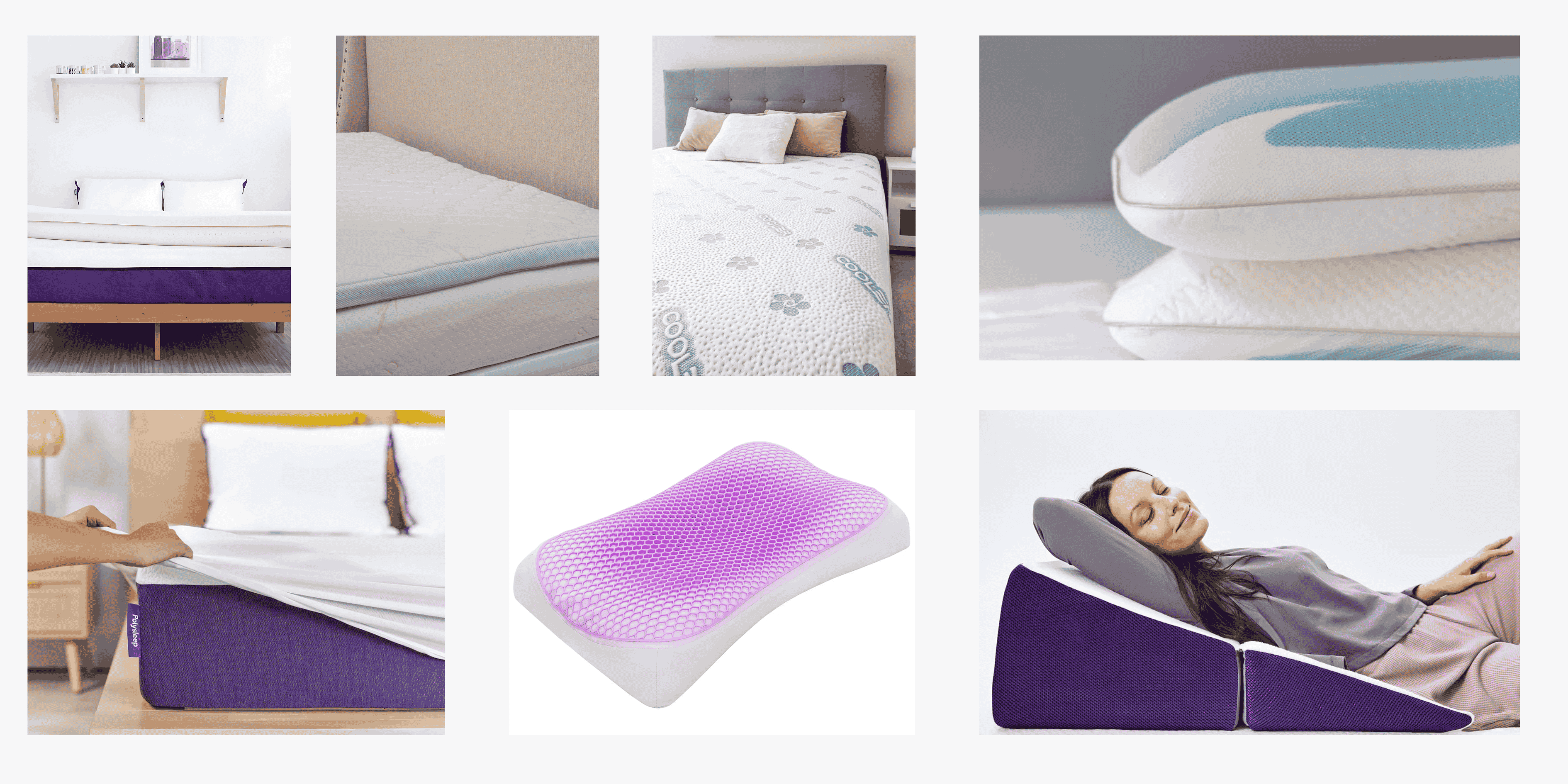 Collage of various mattresses and sleep products on a white background