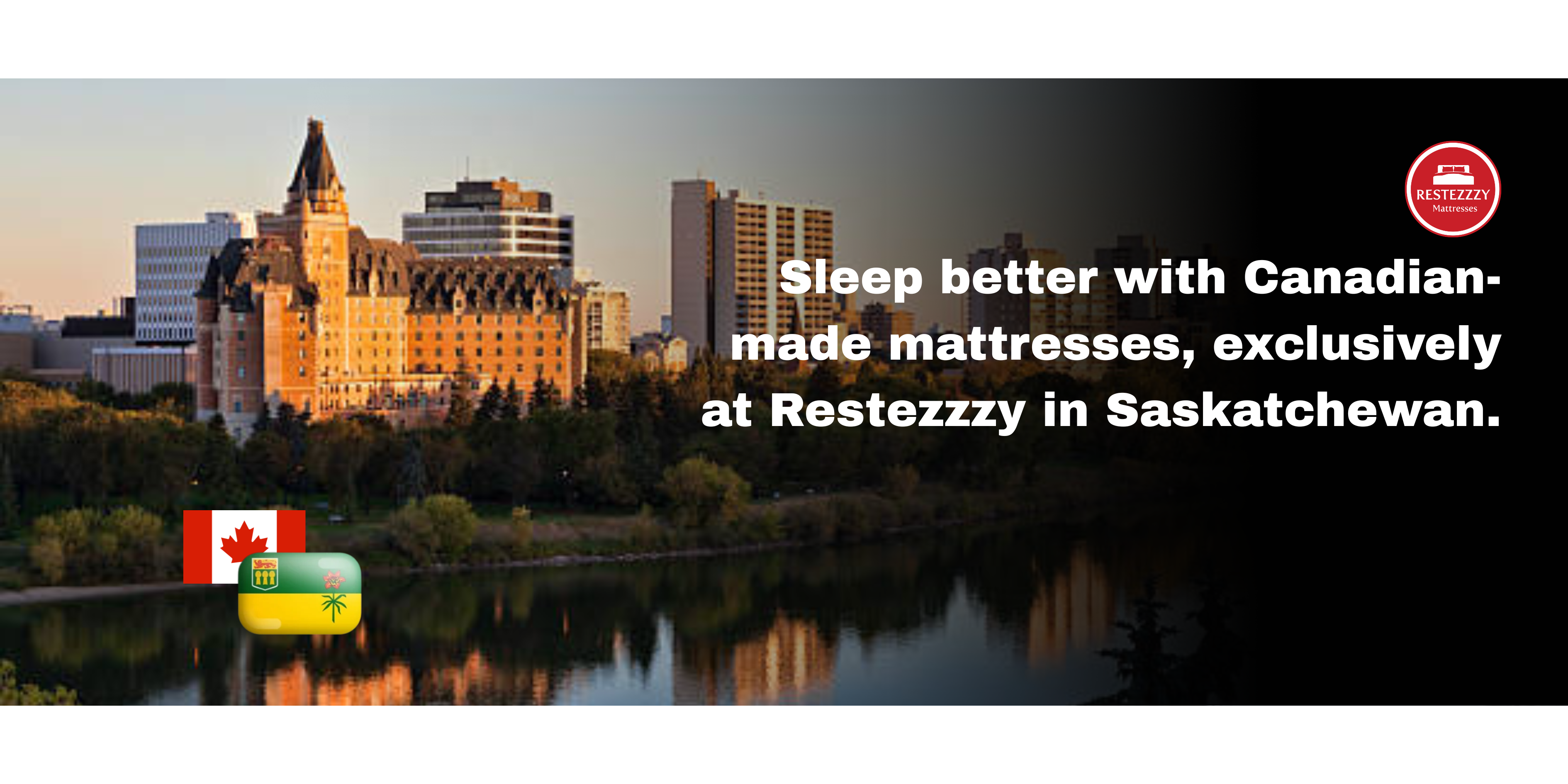 Cityscape with a lake and buildings, featuring Restezzy advertisement text.