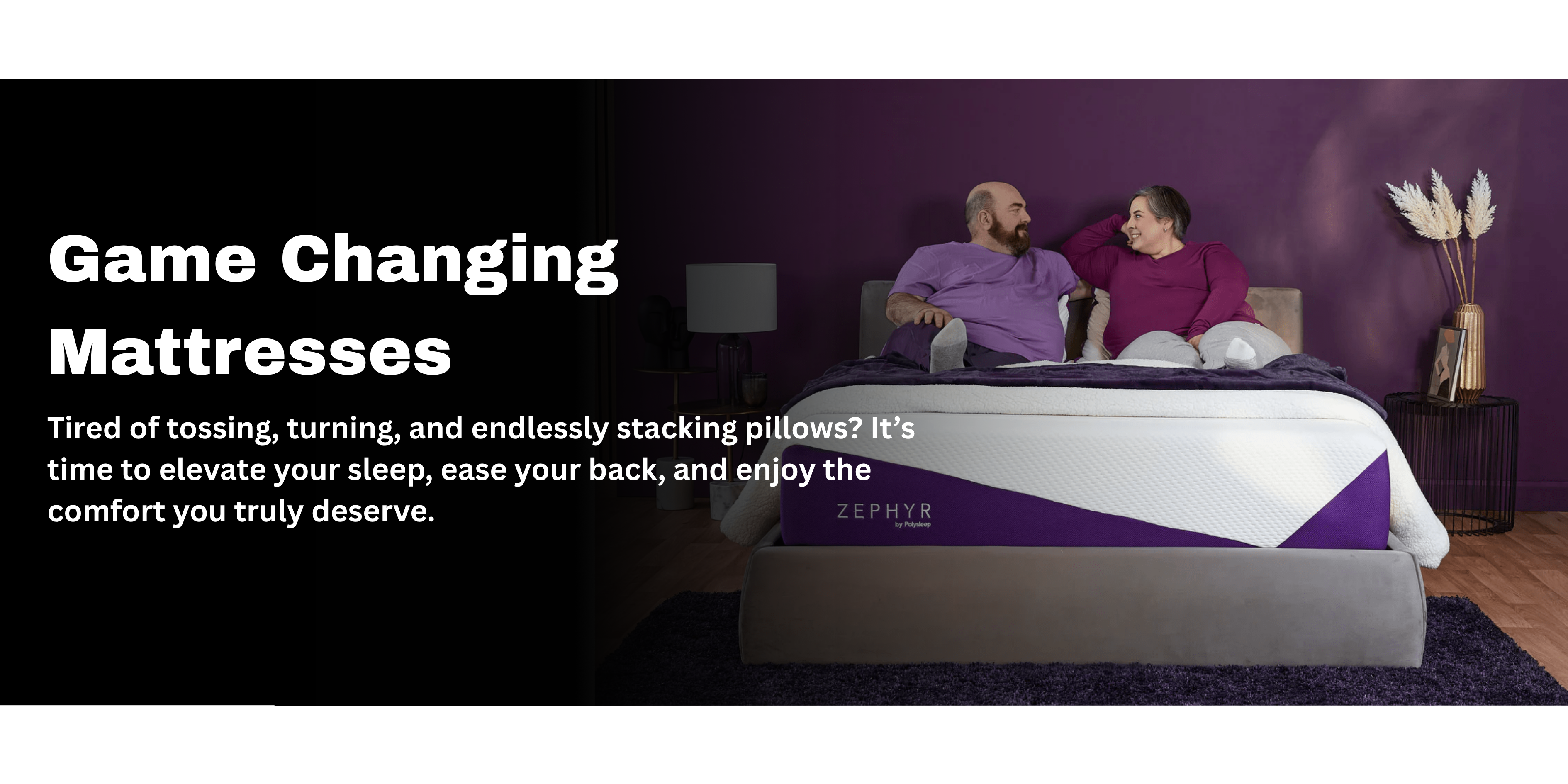 Two people sitting on a mattress with promotional text about game-changing mattresses.