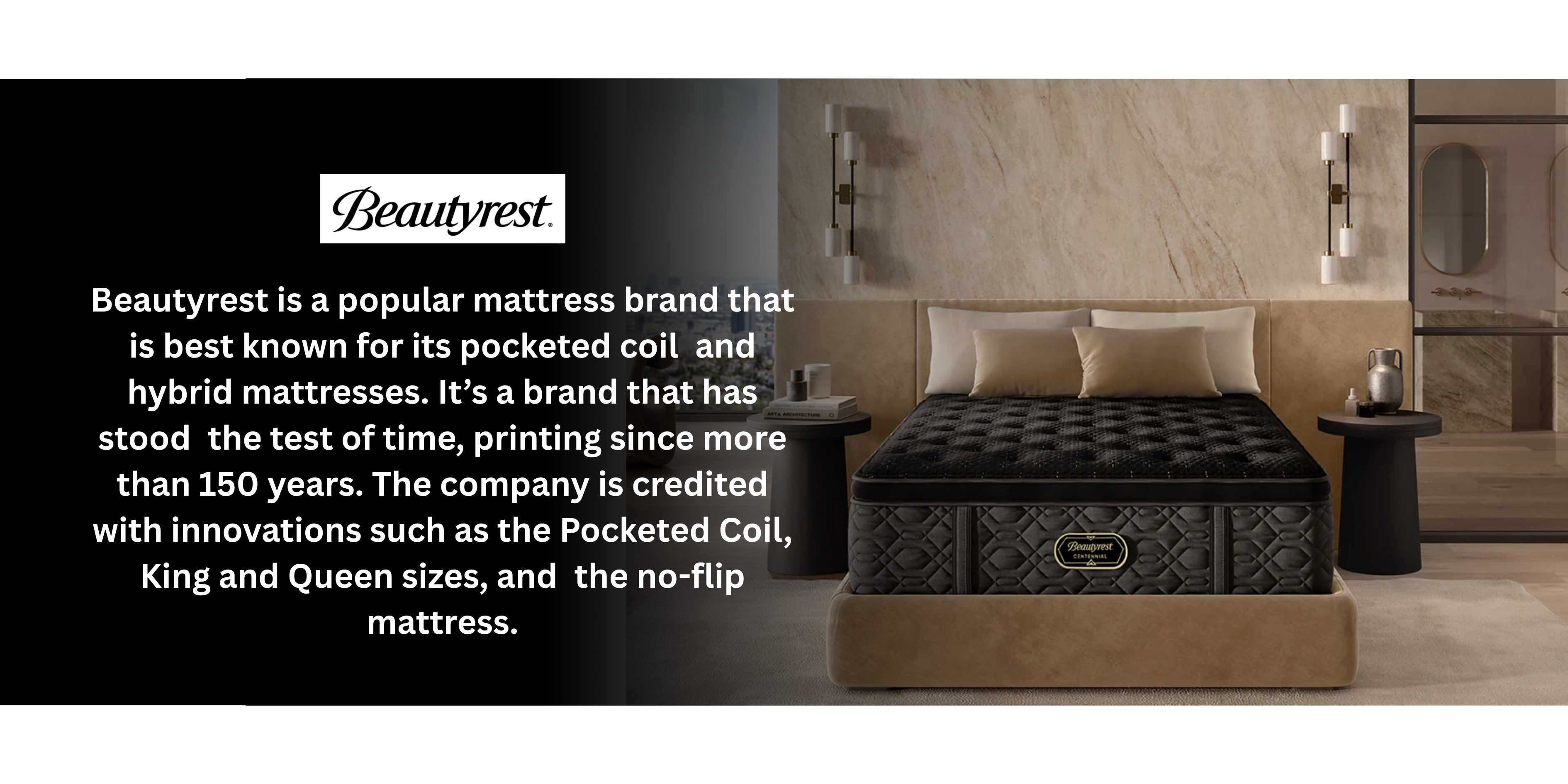 Beautyrest mattress in a bedroom setting with text about the brand's history and innovations.