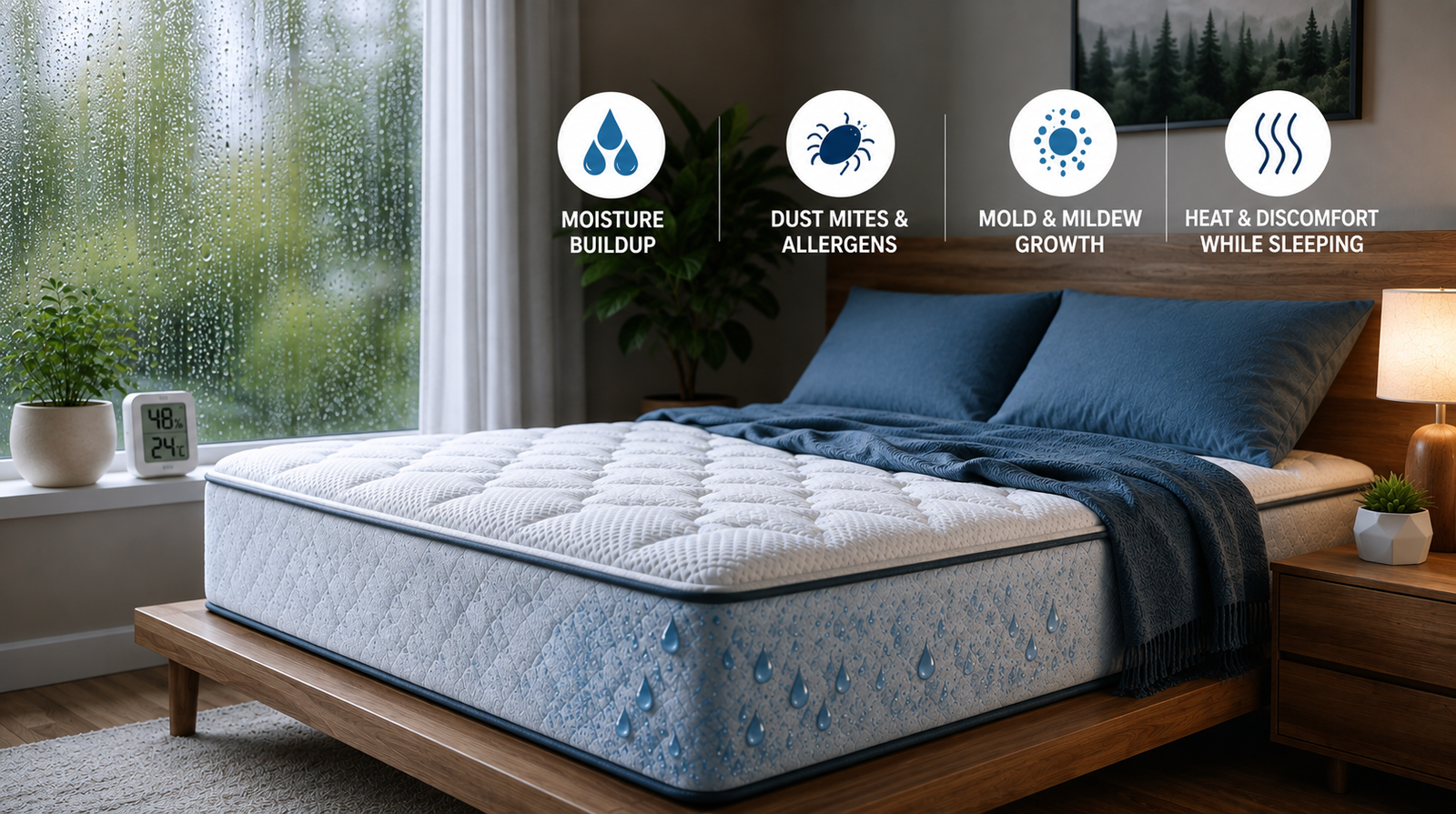 Humidity affecting a mattress in a modern bedroom with moisture and sleep quality icons.