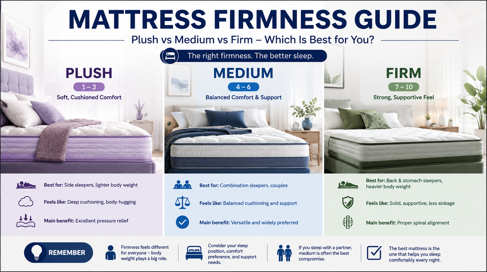 Mattress firmness guide comparing plush, medium and firm mattresses.
