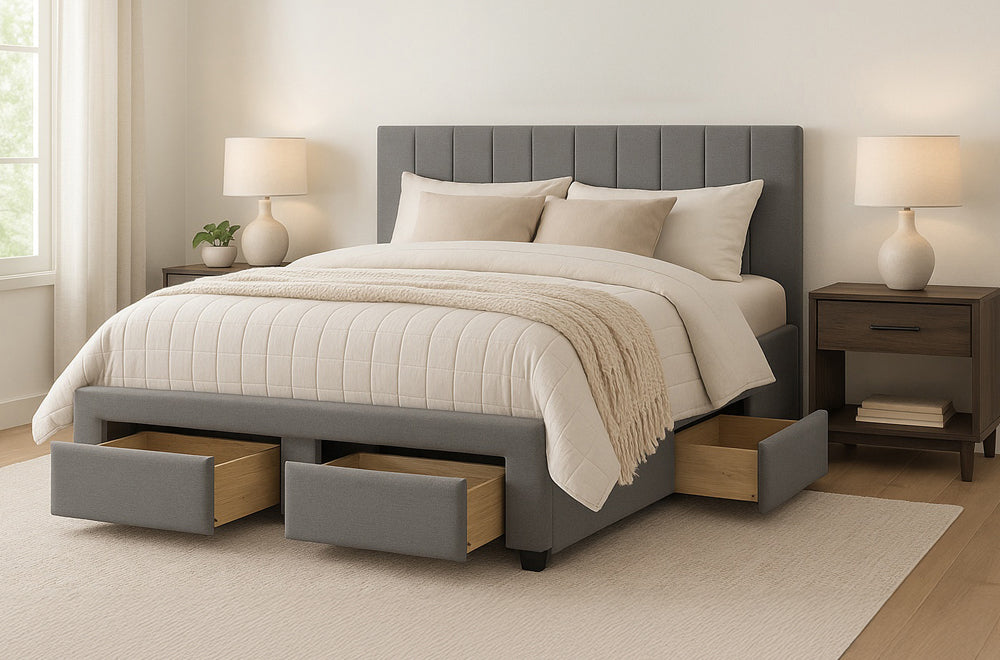 Gray upholstered bed with storage drawers in a bedroom setting